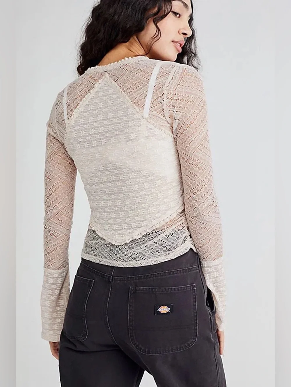 Free People lace long sleeve My Party Top Salt ruffle square neck cropped sheer
